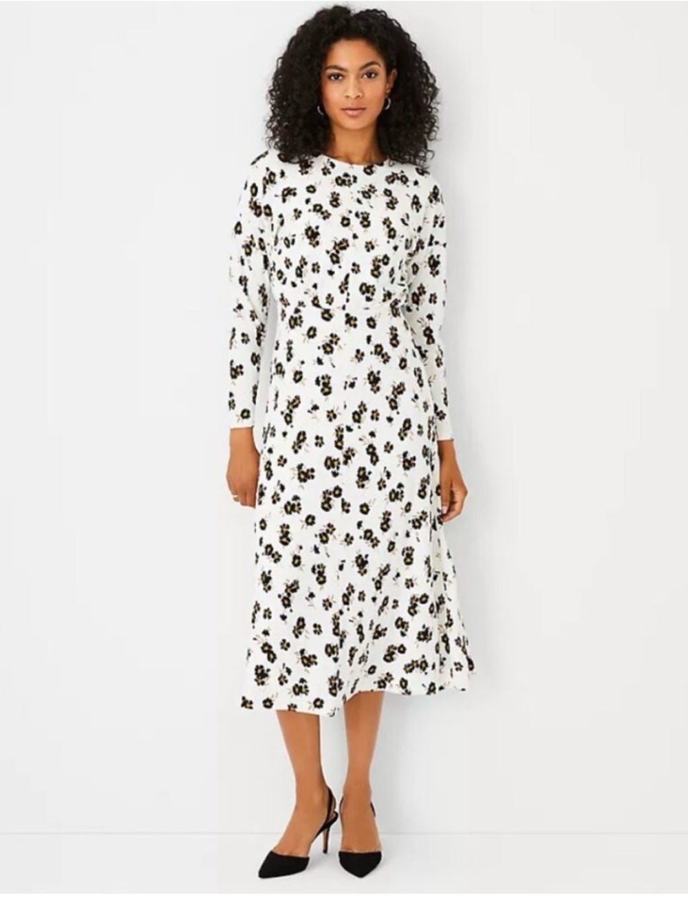 NWT Ann Taylor Women's white Black Floral Blouson A-Line Midi Office Dress 8P